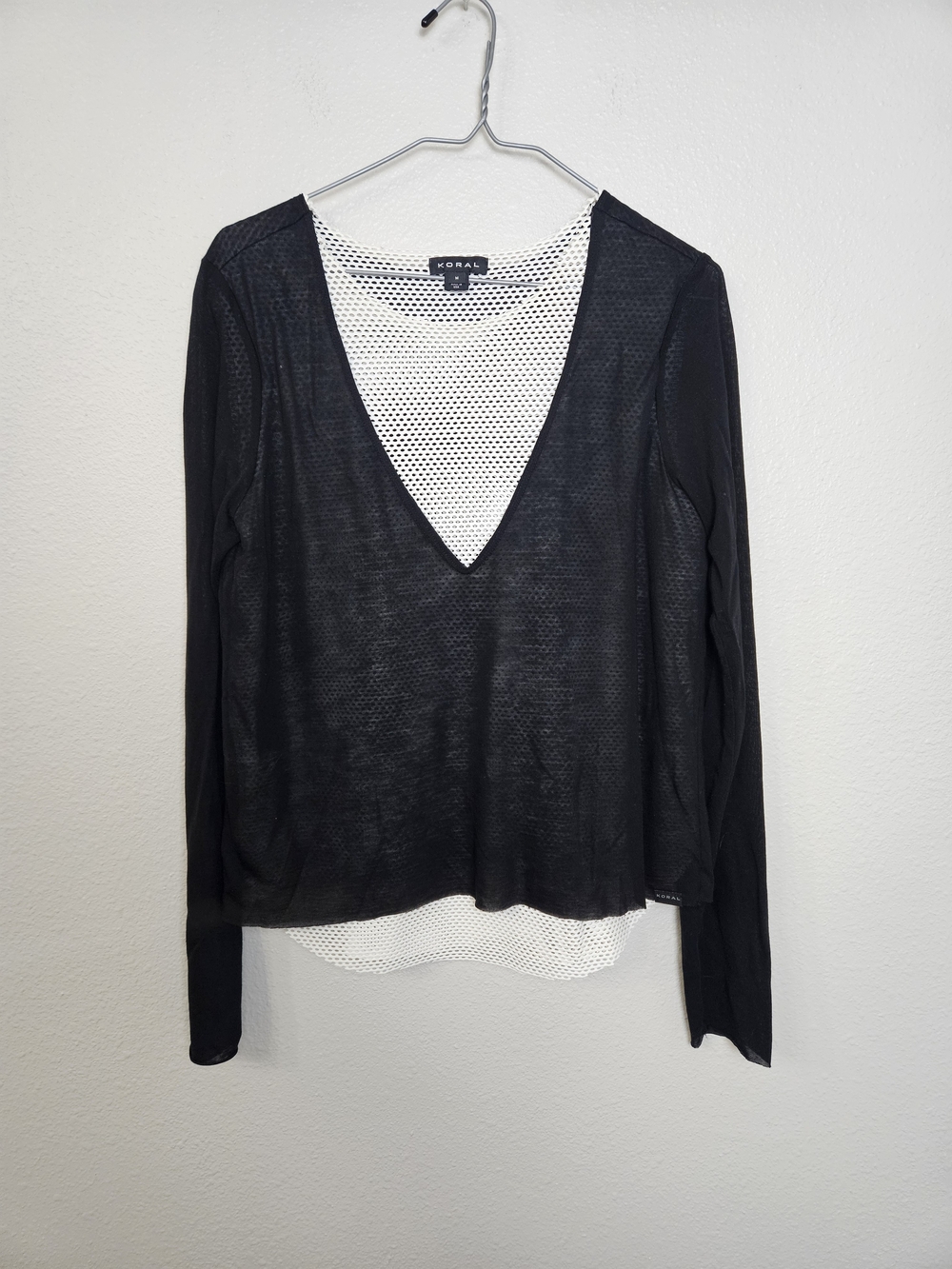 Koral Black Long-Sleeve Mesh V-Neck Top with White Mesh Underlay Size M